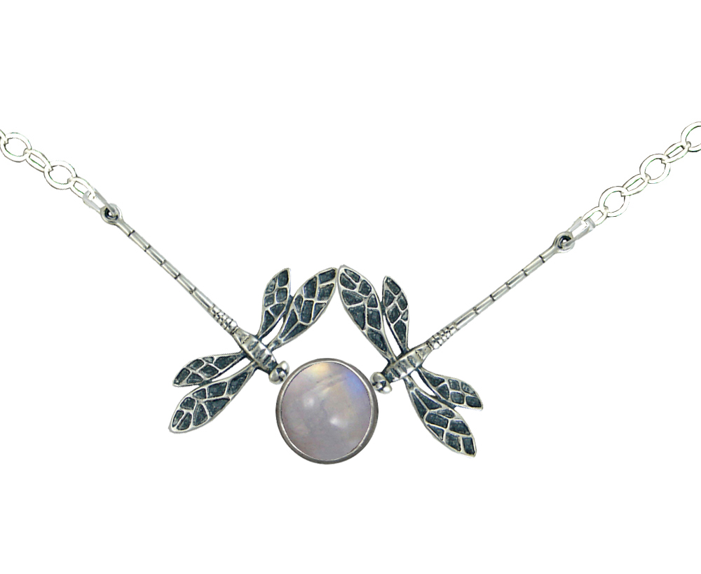 Sterling Silver Double Dragonfly Necklace With Rainbow Moonstone